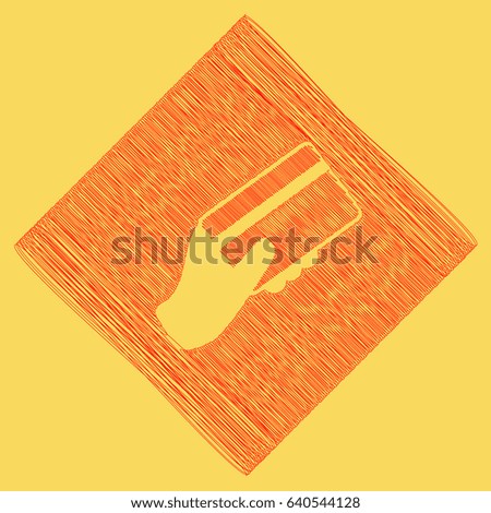 Hand holding a credit card. Vector. Red scribble icon obtained as a result of subtraction rhomb and path. Royal yellow background.