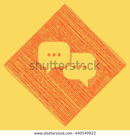 Speech bubbles sign. Vector. Red scribble icon obtained as a result of subtraction rhomb and path. Royal yellow background.