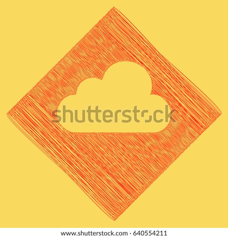 Cloud sign illustration. Vector. Red scribble icon obtained as a result of subtraction rhomb and path. Royal yellow background.