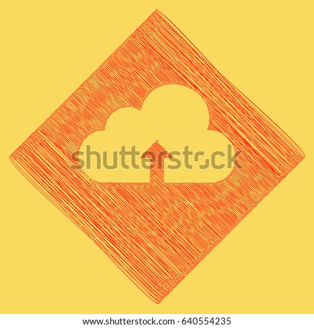 Cloud technology sign. Vector. Red scribble icon obtained as a result of subtraction rhomb and path. Royal yellow background.