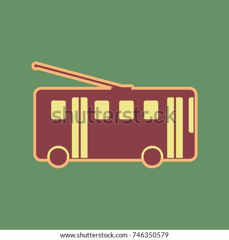 Trolleybus sign. Vector. Cordovan icon and mellow apricot halo with light khaki filled space at russian green background.