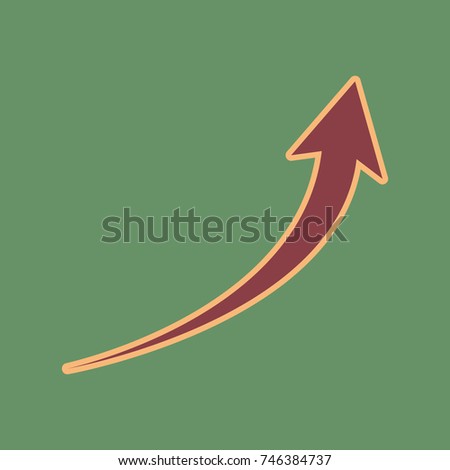 Growing arrow sign. Vector. Cordovan icon and mellow apricot halo with light khaki filled space at russian green background.