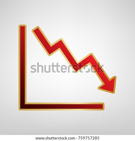 Arrow pointing downwards showing crisis. Vector. Red icon on gold sticker at light gray background.