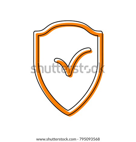 Shield sign as protection and insurance symbol. Vector. Black line icon with shifted flat orange filled icon on white background. Isolated.