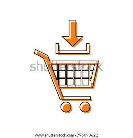 Add to Shopping cart sign. Vector. Black line icon with shifted flat orange filled icon on white background. Isolated.