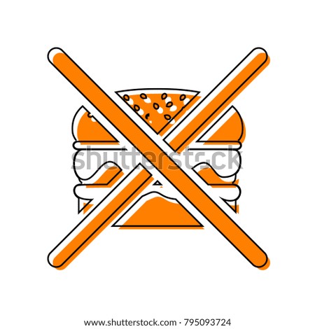No burger sign. Vector. Black line icon with shifted flat orange filled icon on white background. Isolated.