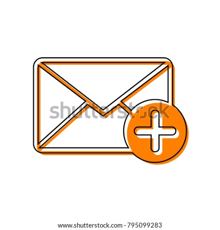 Mail sign illustration with add mark. Vector. Black line icon with shifted flat orange filled icon on white background. Isolated.