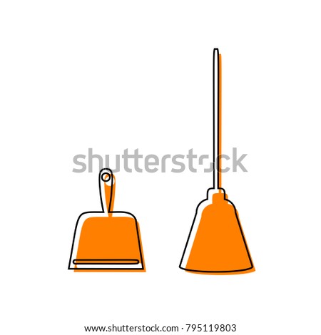 Dustpan vector sign. Scoop for cleaning garbage housework dustpan equipment. Vector. Black line icon with shifted flat orange filled icon on white background. Isolated.