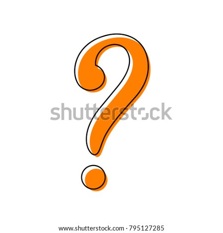 Question mark sign. Vector. Black line icon with shifted flat orange filled icon on white background. Isolated.