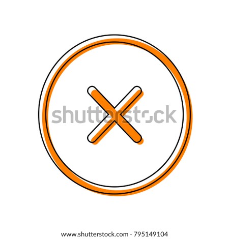 Cross sign illustration. Vector. Black line icon with shifted flat orange filled icon on white background. Isolated.
