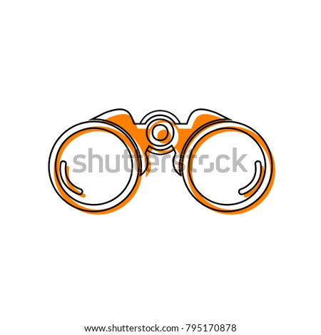 Binocular sign illustration. Vector. Black line icon with shifted flat orange filled icon on white background. Isolated.