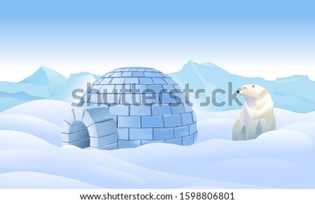 Igloo in the north. Housing in the north. Bear near the igloo. Northern arctic landscape. Life in the north in the ice. The polar bear lives in the cold. Vector illustration