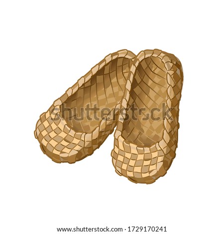 Russian bast bast shoes on a white background. Russian ancient national shoes. Vector isolated illustration.