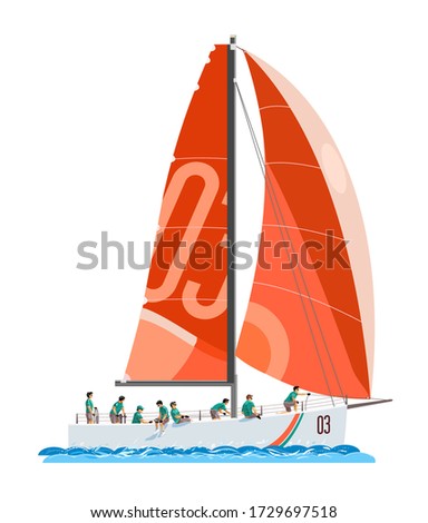 Red sail sailing yacht with a large team of 8 people. Vector isolated illustration.