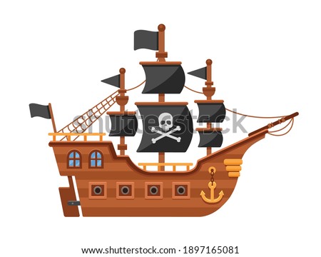 Pirate ship with a flag and black sails with a skull. Flat vector illustration ストックフォト © 