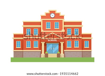 School with a green lawn. Icon. Flat vector illustration isolated on white background.