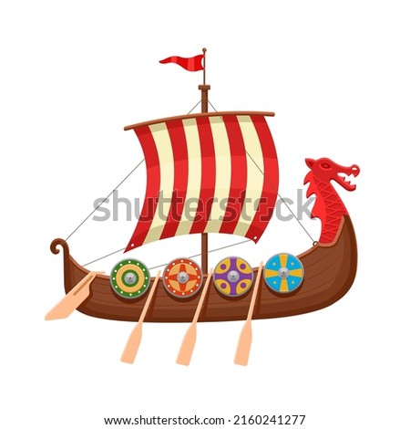 Traditional Viking boat with a striped sail. Vector illustration isolated on white background.