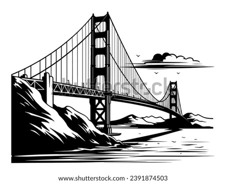 Golden Gate Bridge across the strait. San Francisco. Vector illustration in engraving style. Stencil