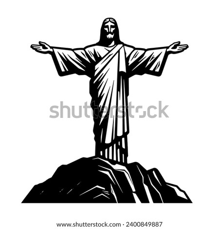 Christ the Redeemer statue in Rio de Janeiro Brazil. Vector black and white illustration