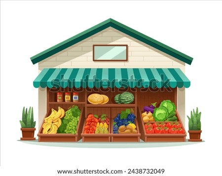 Fruit and vegetable store. Trade tent. Vector illustration on white background