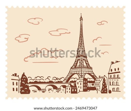 The Eiffel Tower in Paris with a postage stamp in the background of the city. Landmark of Paris. Vector linear illustration. Doodle style