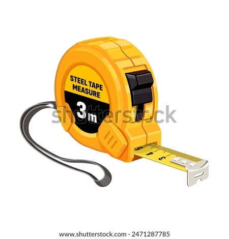 Yellow round tape measure. Cartoon isolated yellow tool of builder or architect with line scales on ruler tape to measure length or distance, plastic roulette equipment for measurement