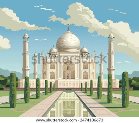 Taj Mahal is a palace in India. Mosque. Landmark, architecture, hindu temple in the Indian city of Agra, Uttar Pradesh. Vector illustration