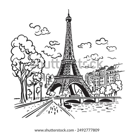 The Eiffel Tower in Paris with the city in the background. Landmark of Paris. Vector linear illustration. Doodle style