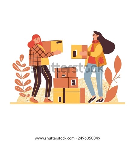 Students Moving: Two Women Carrying Boxes - relocation and Start of Study-