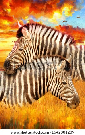 realistic modern oil painting of zebra, artist collection of animal painting for decoration and interior, canvas art, lovely couple zebra on colorful background