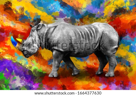 modern oil painting of rhino, artist collection of animal painting for decoration and interior, canvas art, abstract Rhinoceros on colorful background. 