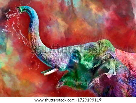 modern oil painting of elephant happy, artist collection of animal painting for decoration and interior, canvas art, abstract elephant on colorful background,Celebrate the colors