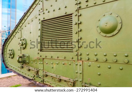 Military tank details. Old war tank with bolts