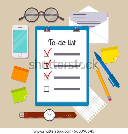 Clipboard with to-do list template, pencil, pen, glasses, wristwatch, post it notes, envelope, smartphone and piece of paper. EPS10 vector illustration in flat style.