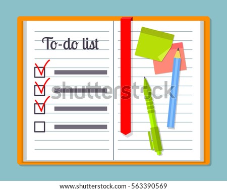 Open notebook with to-do list template,pencil, pen and sticky notes or post it notes. EPS10 vector illustration in flat style.