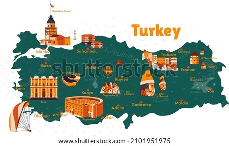 Vector map of Turkey. Sights. Historical places. Tourism. Cities. Guide. Ephesus, Cappadocia, Pamukkale, Mount Nemrut, Ararat, Sumela Monastery, Aspendos, Maiden's Tower, Istanbul, Oludeniz.