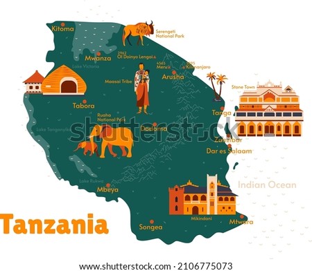 Vector map of Tanzania. Sights. Historical places. Tourism. Cities. Guide. Dodoma. Africa. Maasai tribe. National parks of Africa. African animals. Kilimanjaro. Stone City. Zanzibar.