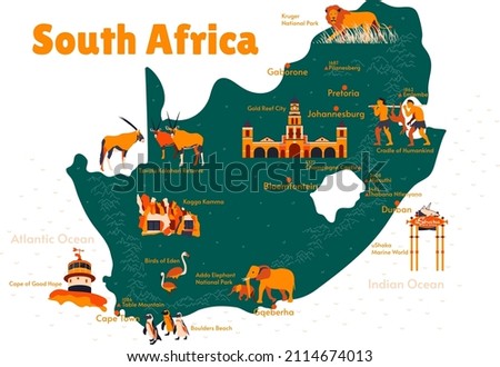 Vector map of Republic of South Africa. Sights. Historical places. Tourism. Cities. Guide. Africa. National parks of Africa. African animals. Mountains. Pretoria. Cape Town. Birds. Lions. Penguins. 