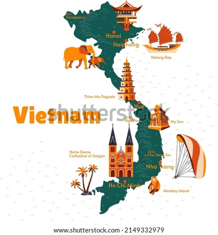 Vector map of Vietnam. Sights. Attraction. Historical places. Tourism. Cities. Guide. Asia. Mountains. Ho Chi Minh City. Saigon. Nha Trang. Hanoi. My Son. Halong Bay. Vacation on the beach.