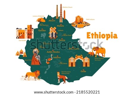 Vector map of Ethiopia. Sights. Historical places. Tourism. Cities. Guide. Addis Ababa. National park. Aksum. Dallol volcano. Lioness of Gobedra. Tribe. Fasil Ghebbi. Lalibela.