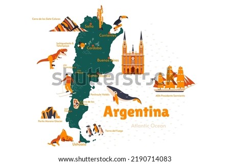 Vector map of Argentina. Sights. Historical places. Tourism. Guide. City. National park. Mountains. Perito Moreno Glacier. Terra del Fuego. La Plata. Buenos Aires. 