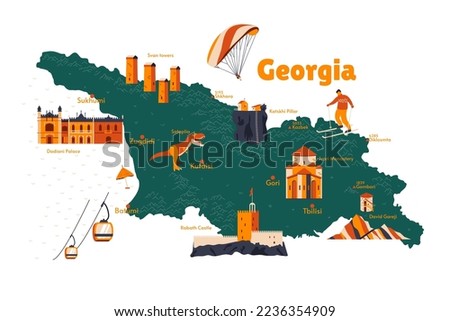 Vector map of Georgia. Sights. Historical places. Tourism. Cities. Guide. Tbilisi, Batumi, Svan Towers, Mounts Shkhara, Kazbek. Caucasus. Castle. Churches. 