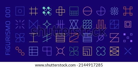 Set of vector abstract geometric linear icons of arrows and grids in memphis style, 