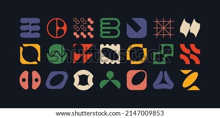 Set of geometric logos. Modern bold brutalistic square objects and shapes. Colorful minimalistic silhouette figures. Contemporary design. Vector illustration