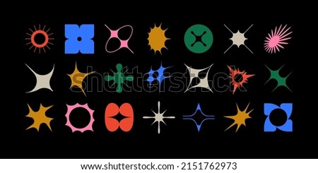 Set of geometric logos space explosion, dazzling flash. Modern bold brutalist objects and shapes of the sun and stars. Colorful minimalistic figures silhouettes. Contemporary design. Stockfoto © 