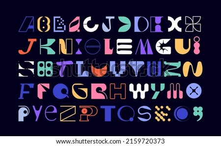 Large set of random letter shapes. English alphabet from geometric capital letters of eclectic shapes. Brutalism modern font type. Condensed and Bold font from geometric objects. 
