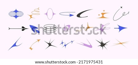 Set of vector icons of acid flare shapes and arrows. supernova explosion space figures in Y2k korean style