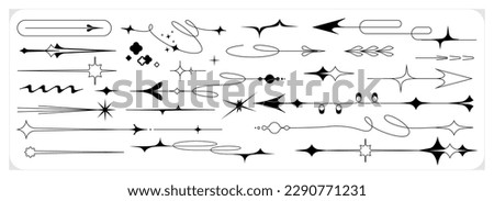A set of abstract linear objects in the Korean style y2k. Arrows and elements to indicate the borders in the book layout. Sharp unusual shapes with rays, stars and flashes. Direction pointers.