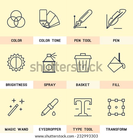 Graphic Design icons, selection of colors, pen tool, creativity, magic wand, trash removal. the type tool, transformation.