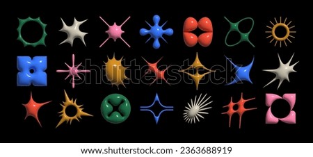 Set of geometric 3D logos space explosion, dazzling flash. Modern bold brutalist objects and Y2K shapes of the sun and stars. Colorful minimalistic figures silhouettes. Contemporary design.